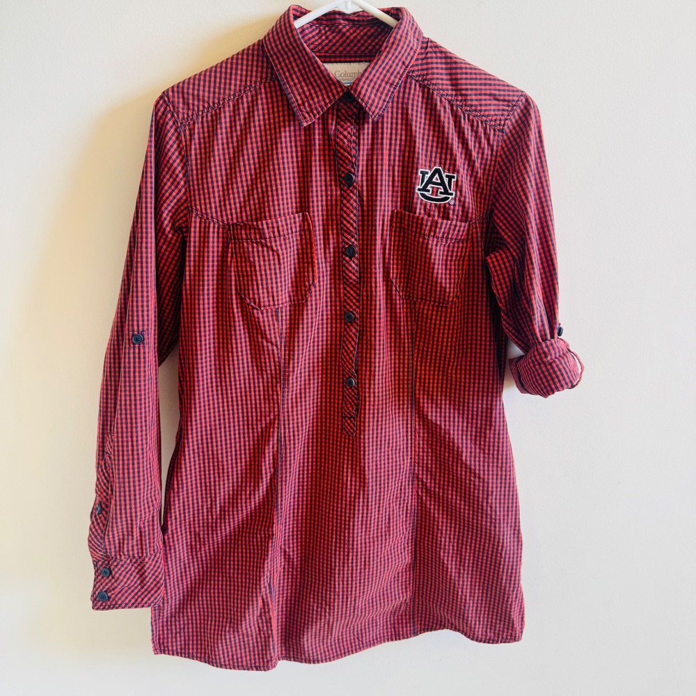 Columbia Auburn Tigers Shirt Womens Medium Orange Navy Gingham Roll Tab Sleeve